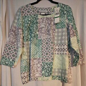 Alfred Dunner top beaded round neckline patchwork pullover‎ 3/4 sleeves PL
